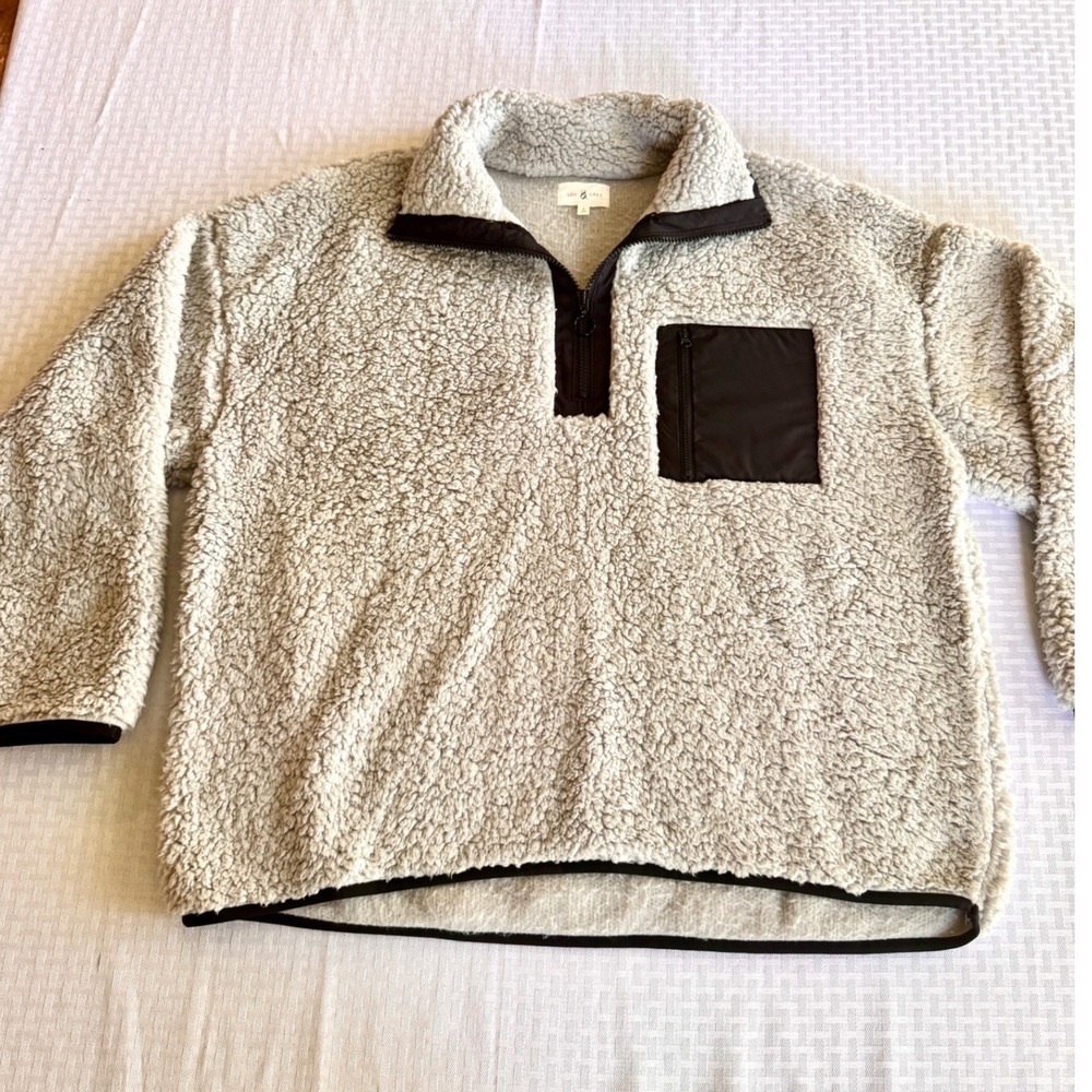 Lou & Grey Sherpa Fleece Pullover Quarter Zip Teddy Jacket Beige Brown Large